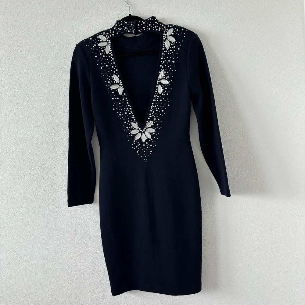 OUTLANDER Pearl & Jewel Trim Knit Dress Sz M Navy V-Back Long Sleeve